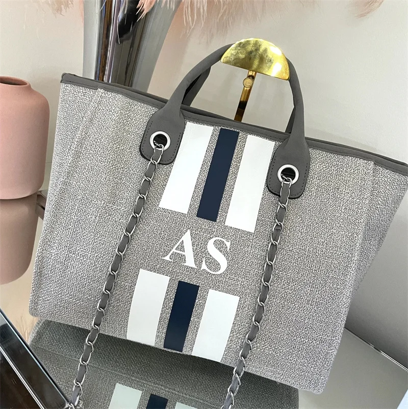 Monogram Tote Bag Canvas Customised Grey Chain Handbag Personalised Navy White Stripe Initials Beach Holiday Shoulder Tote Bag