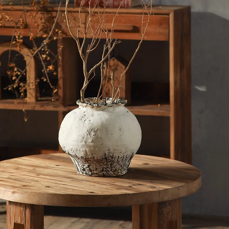 Vintage Rustic MgO Belly Vase, Distressed White Flower Pot, Japandi Farmhouse Tabletop Centerpiece, 28x25cm Decorative Round