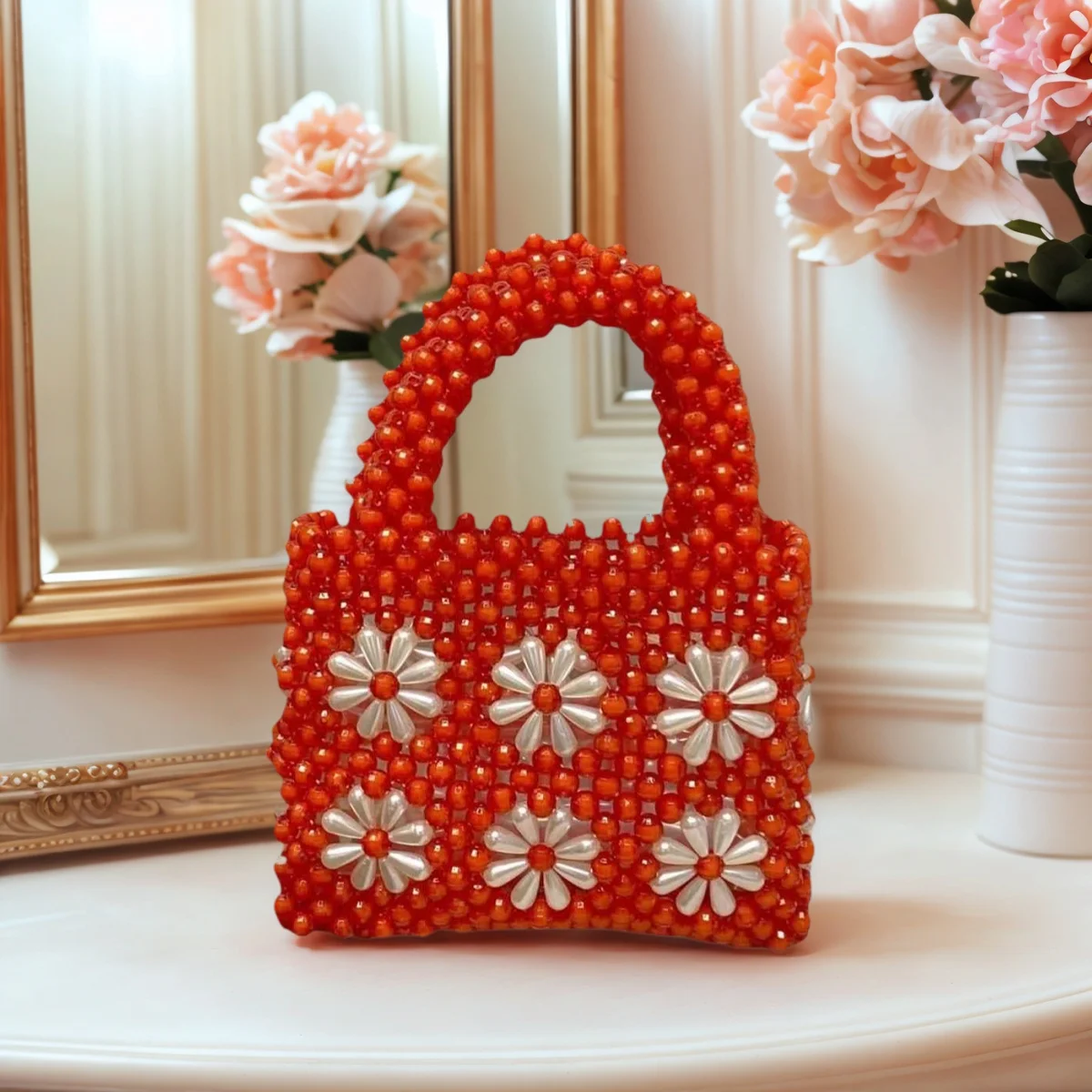 

Elegant Women Acrylic Beaded Tote Bag Handmade Woven Clutch Purse Pearl Floral Handbag for Wedding Party Cocktail