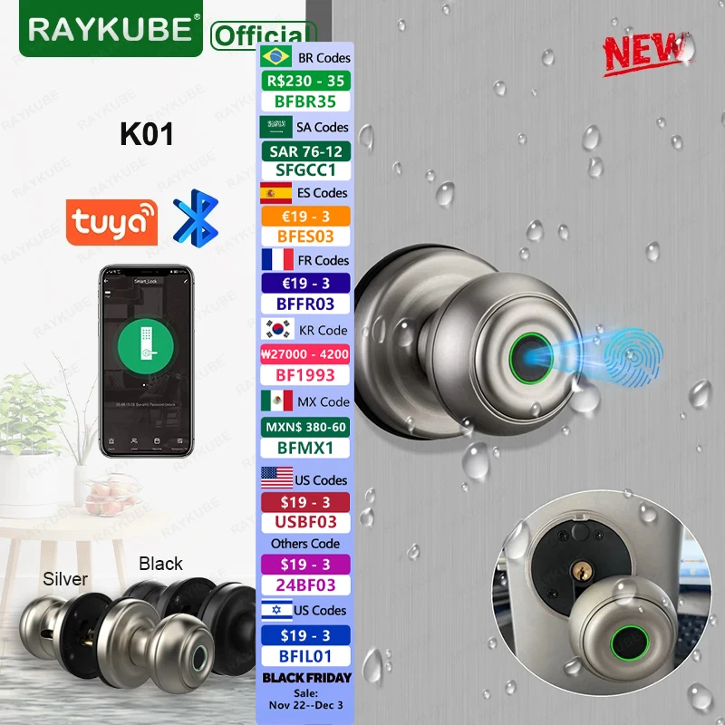 RAYKUBE K01 Tuya Bluetooth Smart Door Lock Auto Cylinder Waterproof Fingerprint Electronic Lock Knob APP/Key/Fingerprint Unlock