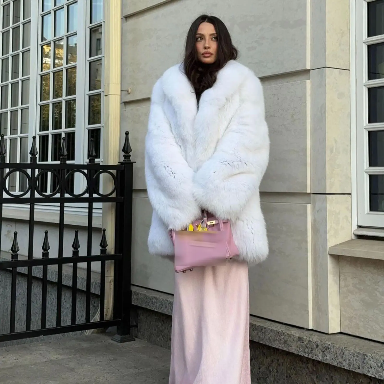 White Real Fox Fur Coat for Women Winter Outwear High Quality Woman Medium Length Natural Fox Fur Jacket with Turn-down Collar