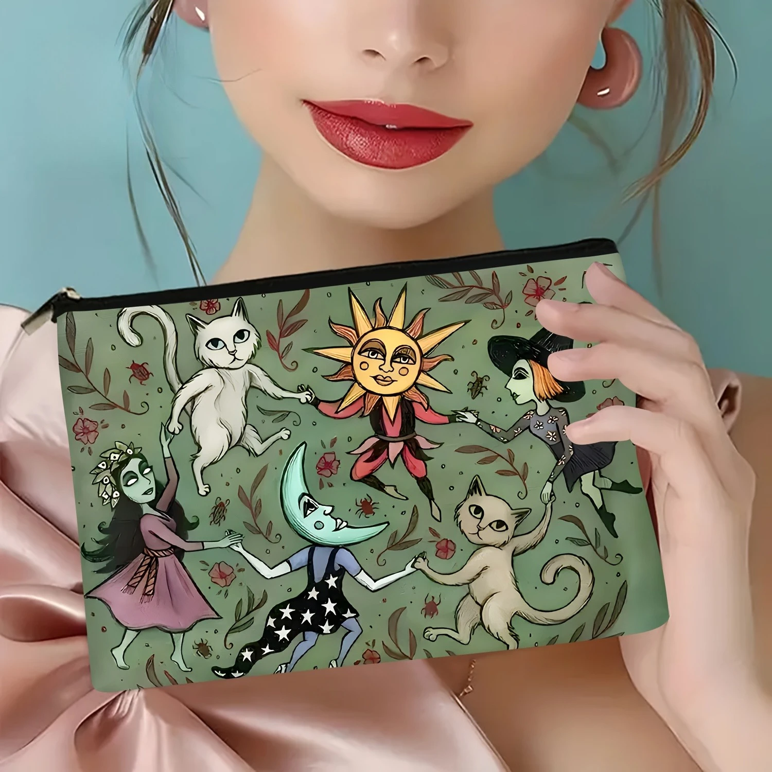 1Pc Fantasy Character Animal Retro Design Multifunctional Travel Makeup Bag, Snack Storage Bag, Stationery Storage Bag, Fashionable Toiletry Bag, Canvas Double-Sided Printed Zipper Pouch