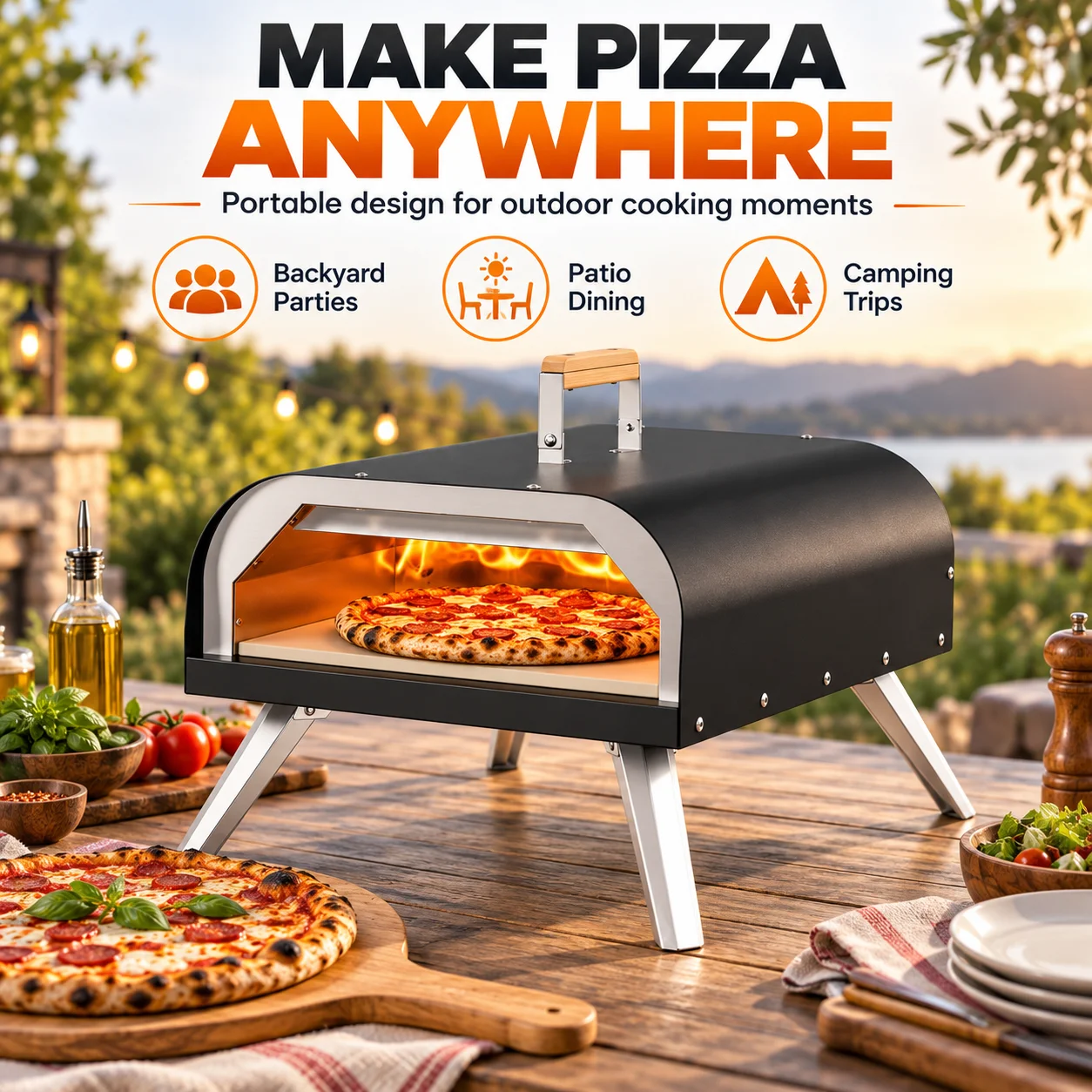 Portable Outdoor Gas Pizza Oven, 12 Inch Propane Pizza Maker with Pizza Stone, High Temperature Stainless Steel Pizza Grill for Backyard Camping Garden Homemade Italian Pizza