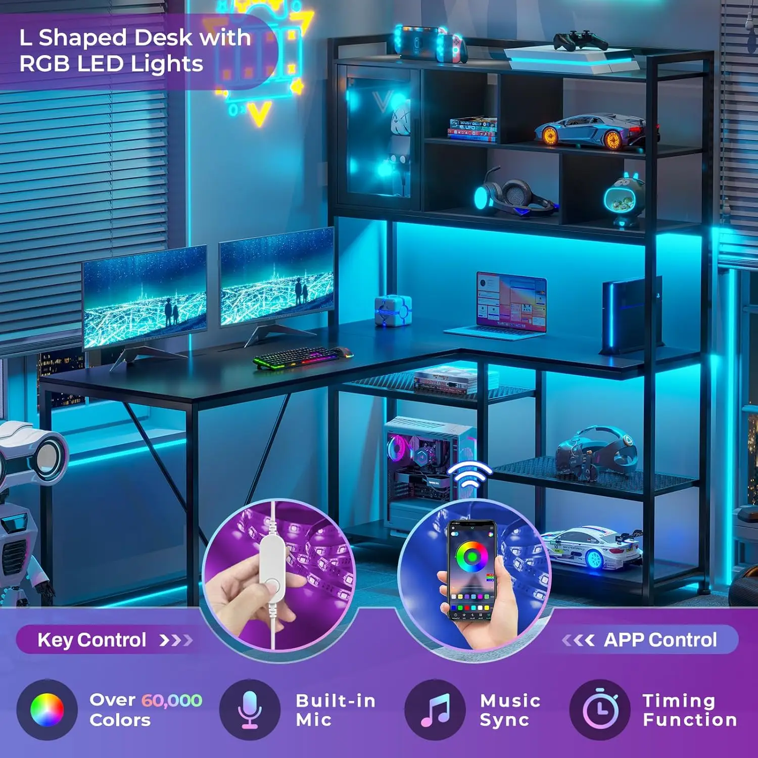 Bureau d'ordinateur en forme de L, bureau 58 en effet avec lumière LED et étagère, bureau d'angle en forme de L avec étagères de rangement pour le bureau à domicile