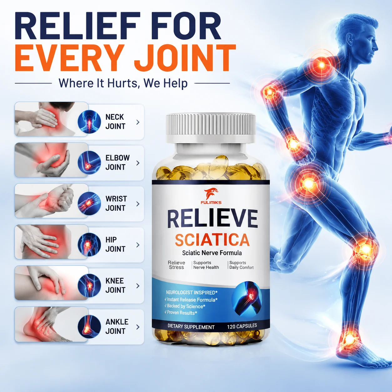 Relieve Sciatica Capsules, Support Lower Lumbar Sciatic, Hip, Thigh, Leg, Foot, Nerve & Joint Health, Relax Muscles, Flexibility