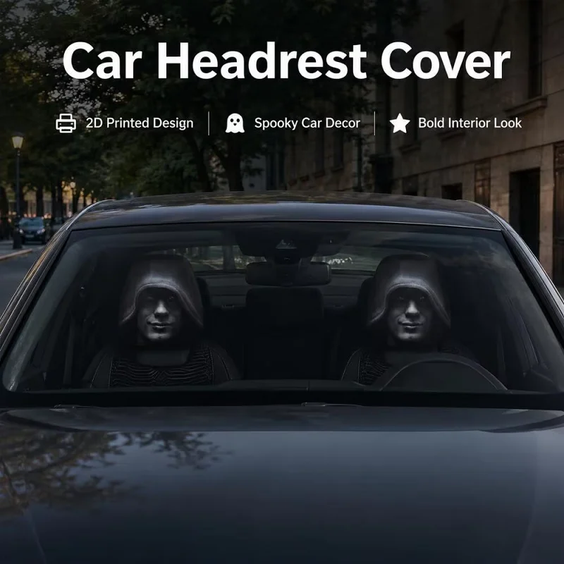 2PCS Black Hooded Man Face Car Headrest Covers 2D Flat Cool Street Auto Headrest Protectors Universal Fit