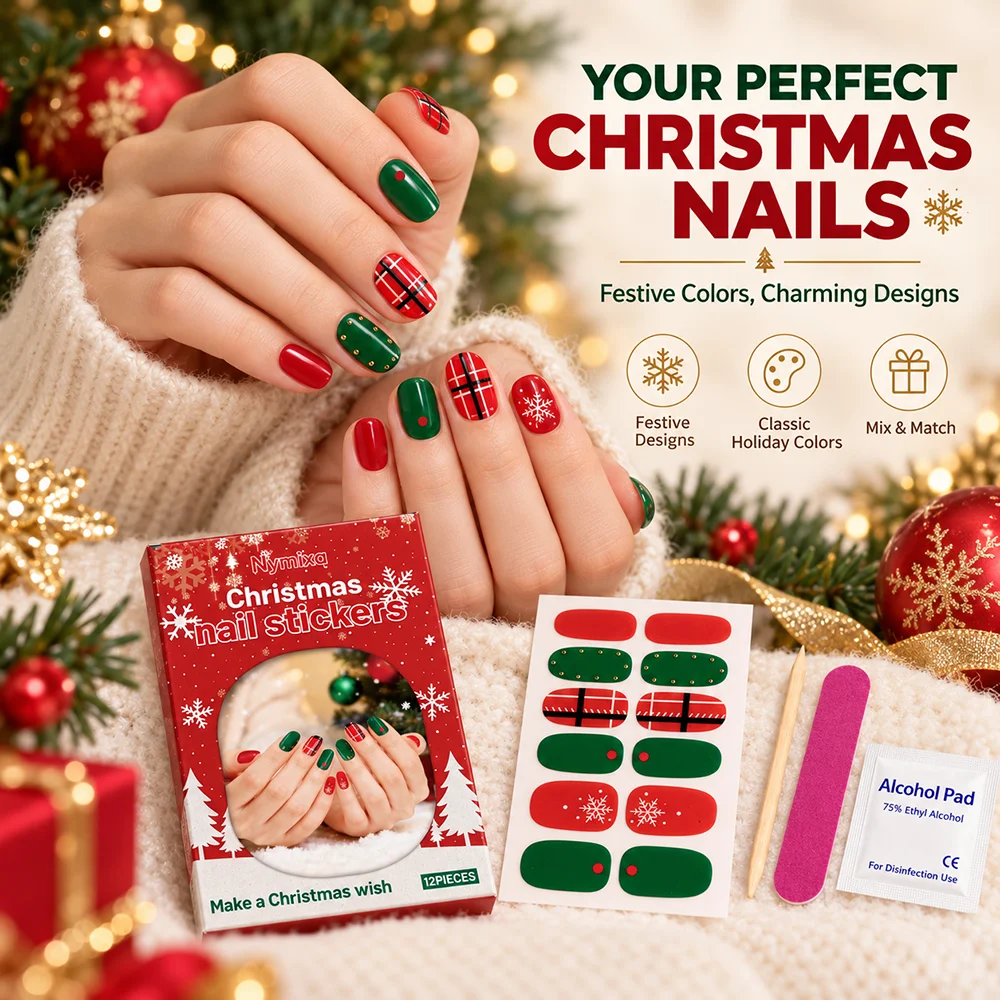 12pcs/pack Christmas Nail Art Stickers Red Gold Simple Disposable Nail Polish Film Nail Stickers Party Nail Decoration Stickers