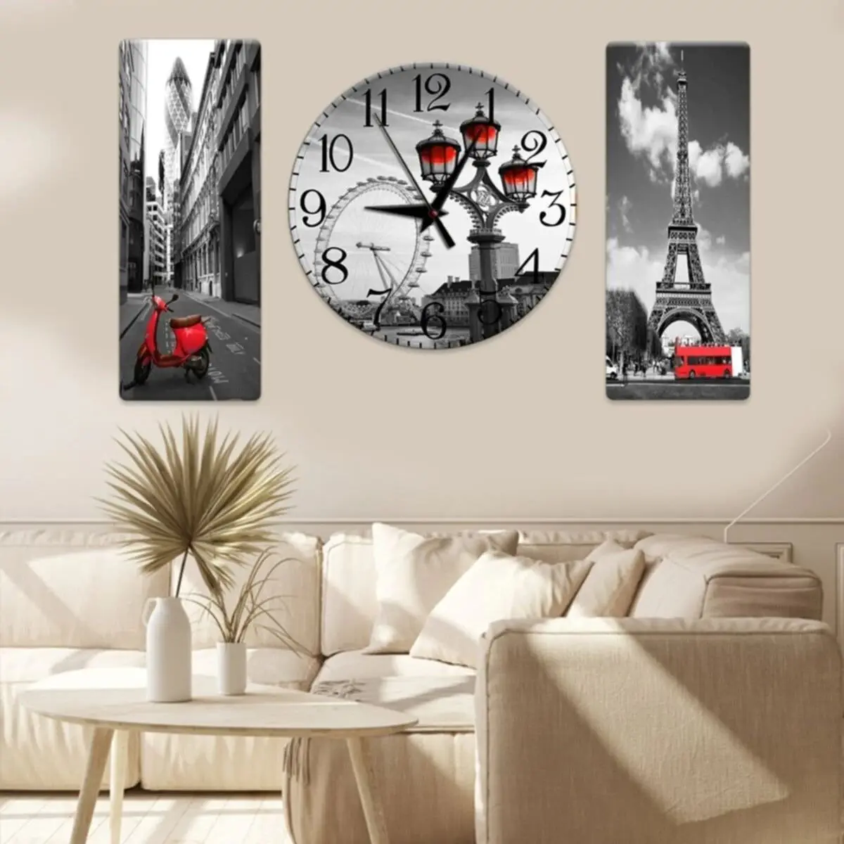 3 Parça City Design Mdf Saatli Table Big size Luxury Wall Clock Large Size Table European Model Handmade Table and Clock