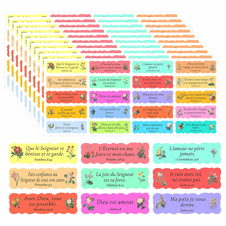 200 Pcs French Bible Verse Stickers – Floral Scripture Labels with Inspirational French Verses, Aesthetic Watercolor Designs