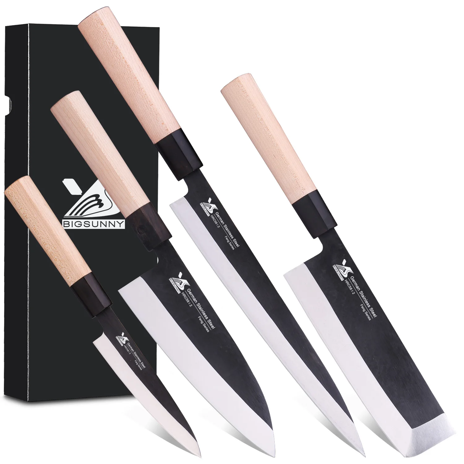 

BIGSUNNY 4PCS Sushi Chef Knives-Yanagiba-Deba-Nakiri-Utility Knife, Fish Slicing Filleting knife Set &Traditional Wooden Handle