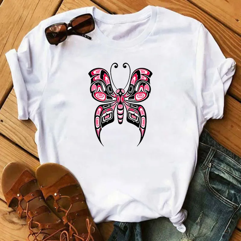 Pink And Black Haida Spirit Butterfly Fashion Sports Women's T-Shirt Harajuku Graphic Clothing Women's Top