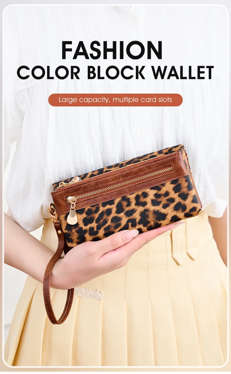 Vintage Damen-Geldbörse mit Leopardenmuster, Doppelreißverschluss, PU-Leder, lange Geldbörse, multifunktionale Kreditkarten-Clutch mit Handgelenkschlaufe – Detail 1