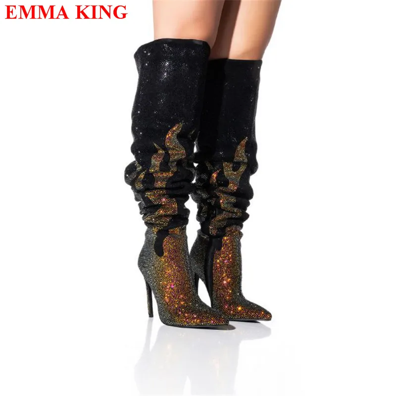 Luxury Women Bling Rhinestone Thigh High Boots Designer Crystal High Heel Party Ladies Shoes Pointed Toe Overknee Boots Woman