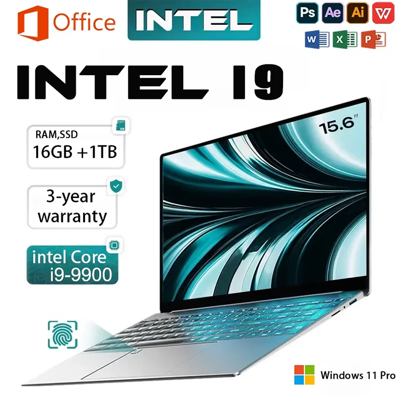 Laptop 15.6" con Intel Core 9900, 16GB RAM, 1TB SSD, Display HD 1920*1080, Computer per Ufficio e Studio, PC con Windows 11 Pro