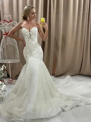 Shiny Sweetheart Mermaid Wedding Dresses for Women Strapless Appliques Glitter Train Bridal Gown Vestido De Novia Customized