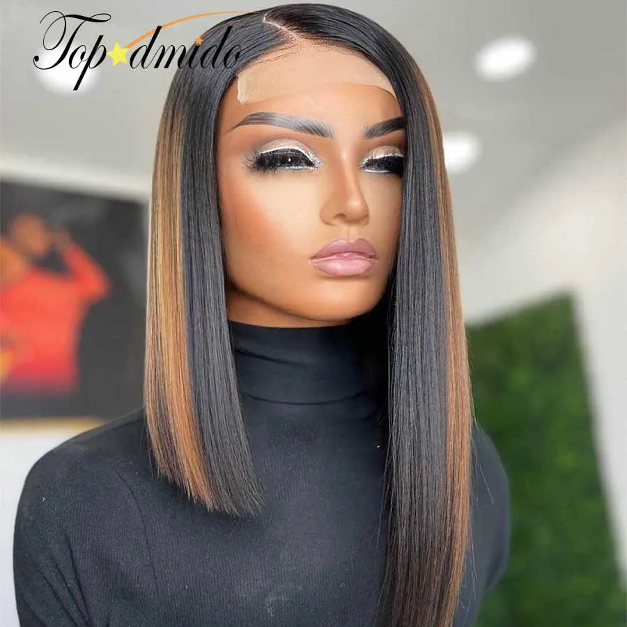 TOPODMIDO Highlight Brown Color Bob Wigs Peruvian Remy Hair 4x4 Closure Wigs Short Human Hair 13X1X6 Transparent Lace Front Wigs