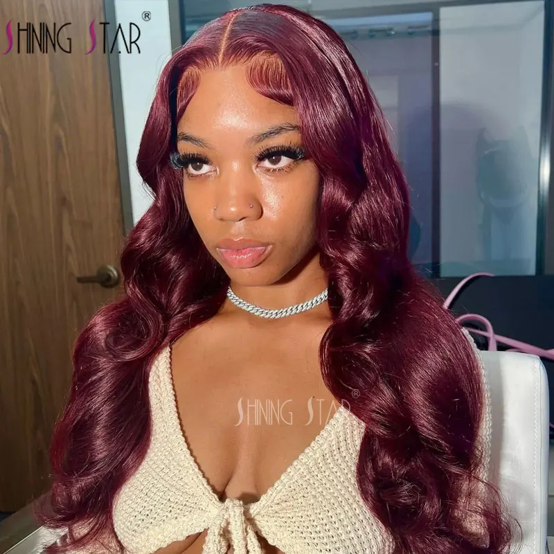 13X4 Lace Frontal Wig berwarna Burgundy 99J tubuh gelombang renda depan rambut manusia Wig Peru merah keriting renda depan Wig Hd transparan