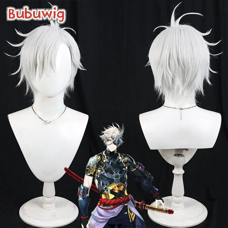 Bubuwig Synthetic Hair Onimaru Kunitsuna Cosplay Wigs Touken Ranb Onimaru Kunitsuna 30cm Silver White Men Wig Heat Resistant