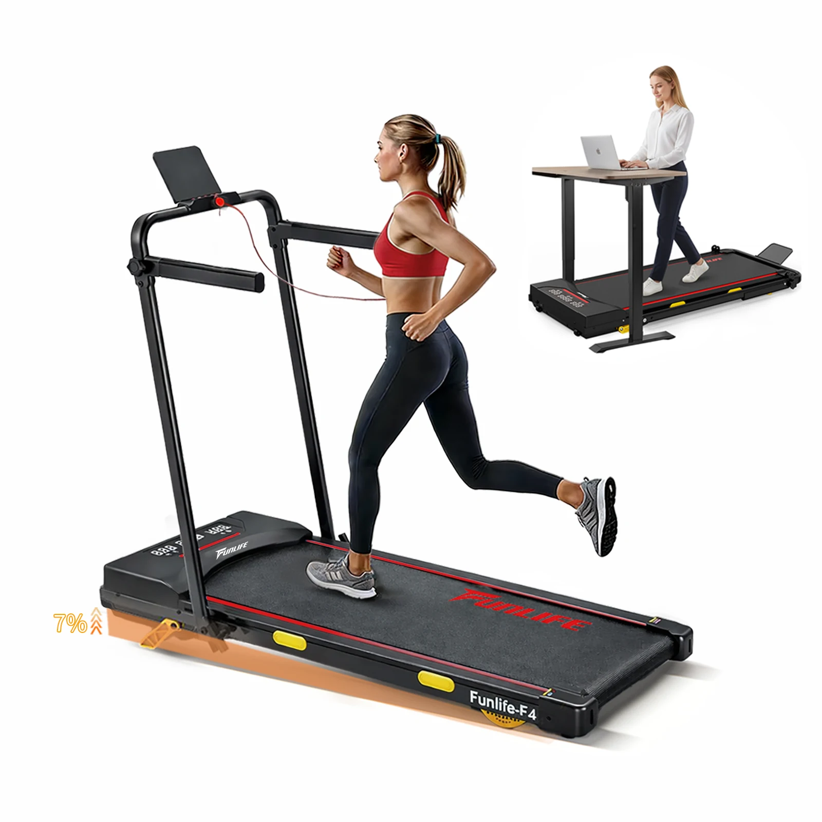 FunLife F4 Tapis de Course Pliable, Walking Pad 4-en-1 1-12 km/h avec Inclinaison 7 %, Contrôle par Application, Double Poignées, Moteur Silencieux pour Maison et Bureau, Rouge