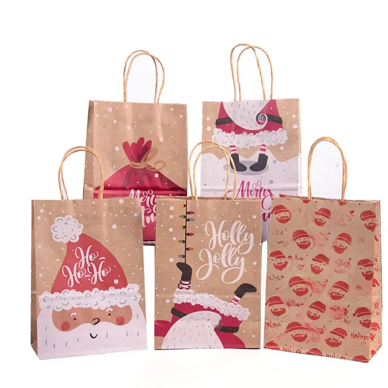 5/10szt Happy Christmas Kraft Paper Gift Bag Xmas Santa Claus Candy Biscuit Bag Christmas Gift Hand Bags for New Year Present — zdjęcie 2