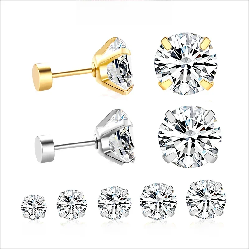 Luxusteel 1 pares/2 pçs de aço inoxidável cristal studs brincos para mulheres homens 4 pinos tragus