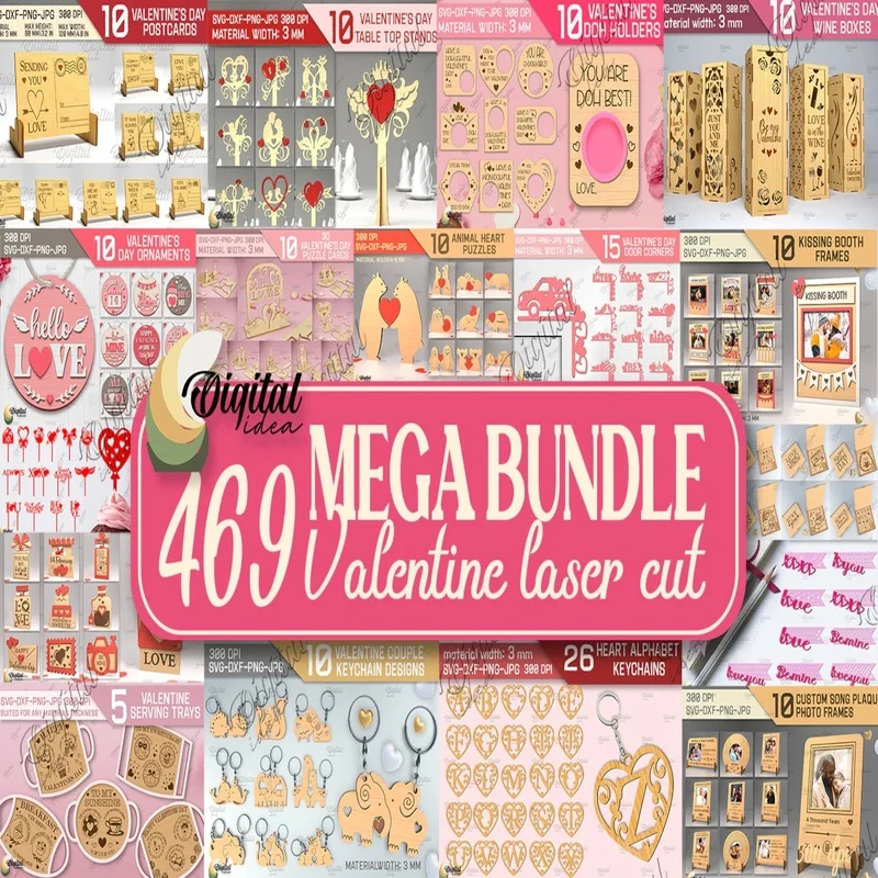 

Valentine's Day Laser Cut Mega Bundle | 469 Romantic Laser Designs | 3D SVG Pop-Up Cards, Wine Boxes, Photo Frames & Gift Tags