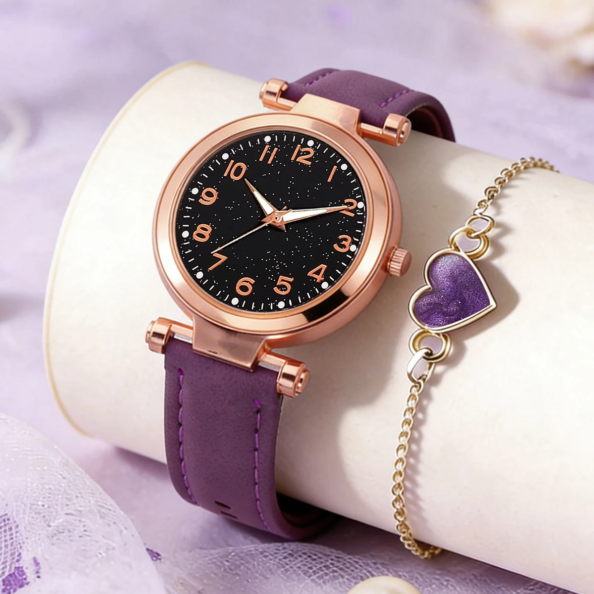 Purple Elegant and Fashionable Women's Leather Watch Set (6-Piece Set) with Heart Accessories, Cute Gift for Girls, Birthday Gift, Daily Wear