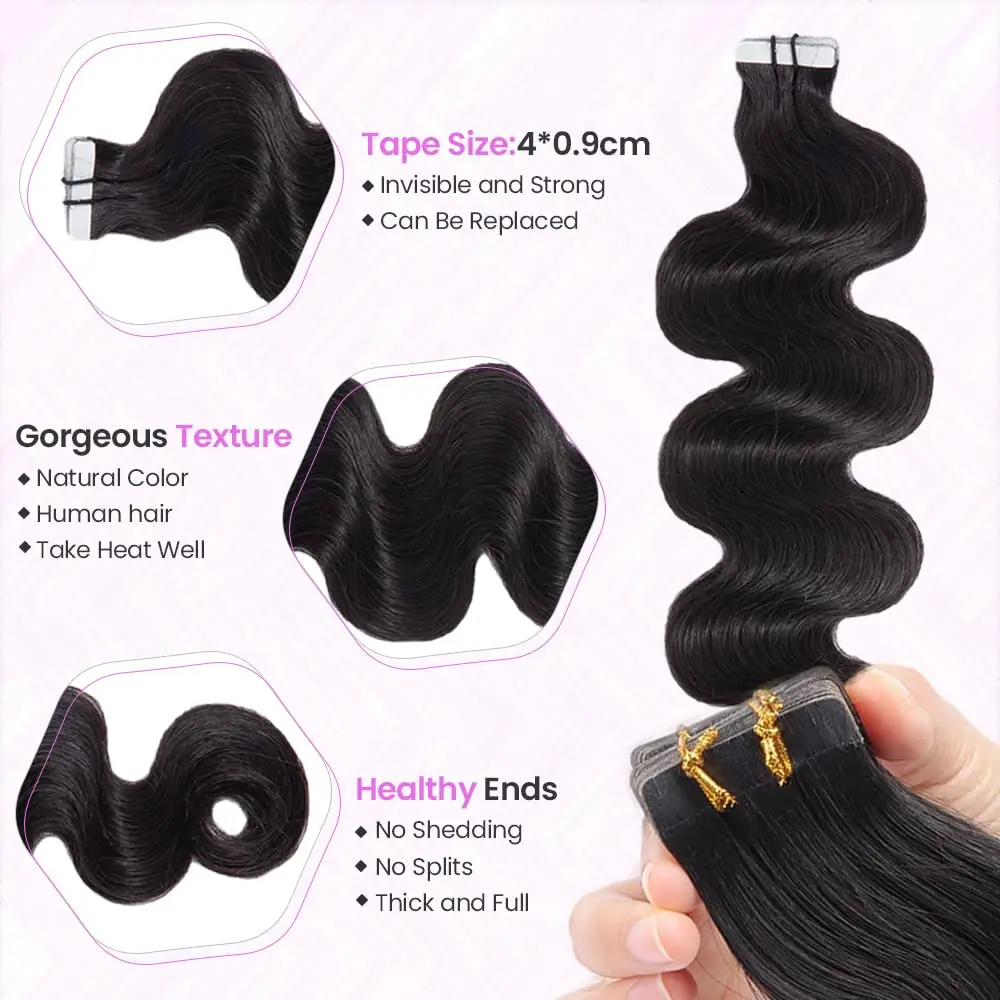 Body Wave in Hair Extensions Double Sided #1B Human Hair Tape in Hair Extensions Curly Wave for Women 20pcs/Pack 50g