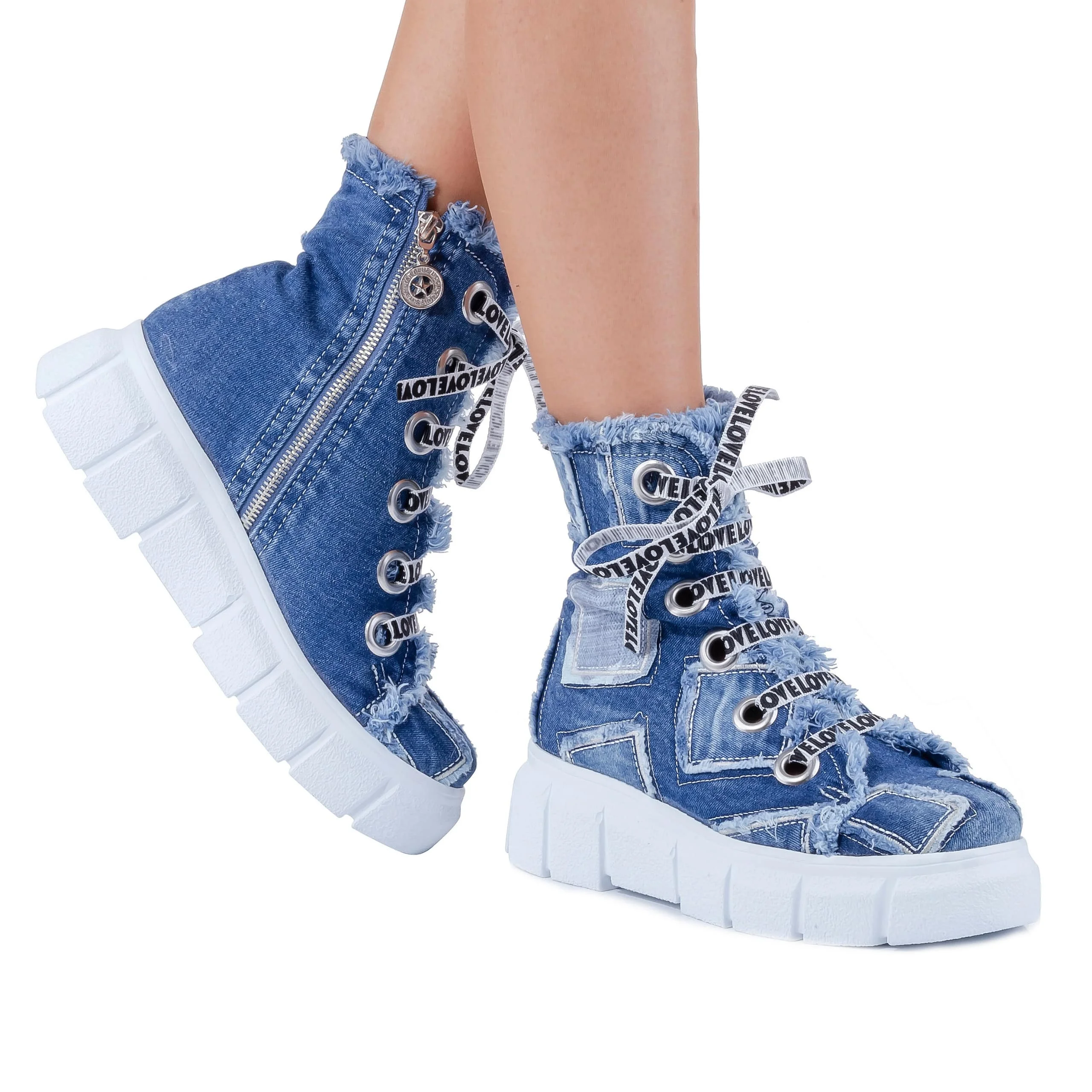 Jeans Shoes Handmade Blue Denim Boot Lace-Up Women's Sneakers Birthday gift for your love