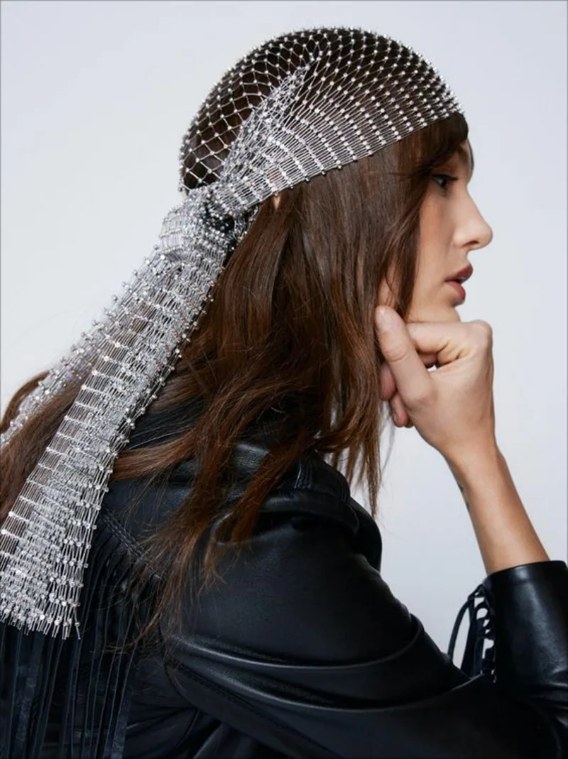 1pc Long Tail Braided Fishnet Decorated Elastic Headscarf Hat With Rhinestones