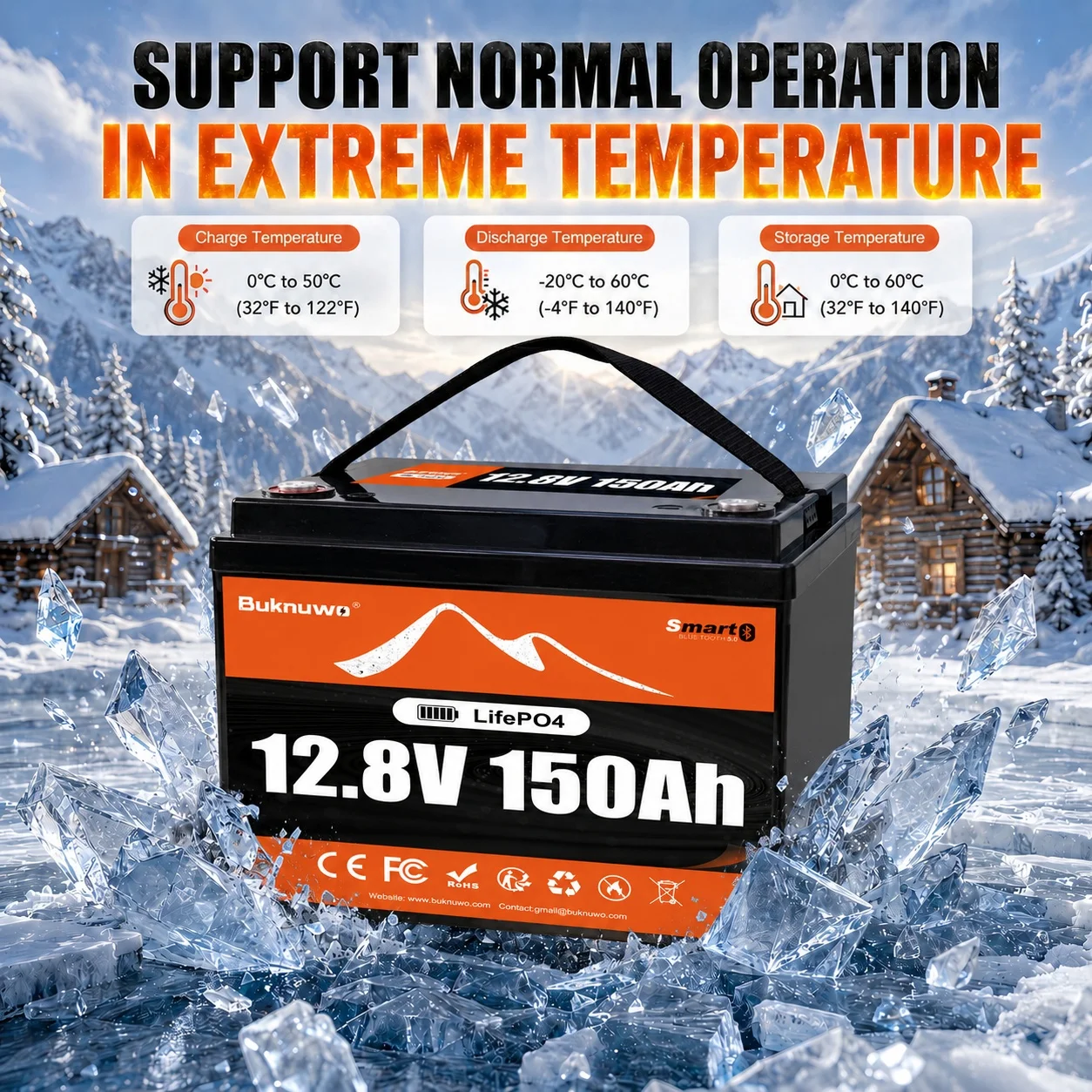 Buknuwo Smart 12V/12.8V 150Ah Bluetooth LiFePO4 Lithium Battery, 1920Wh Power Energy Battery, Built-in 100A BMS Grade A Cells, Low-Temp Protection, Capable Of Over 4, 000 Cycles Support Series/Parallel Battery For Solar, RV, Marine, Off-Grid Application view 7