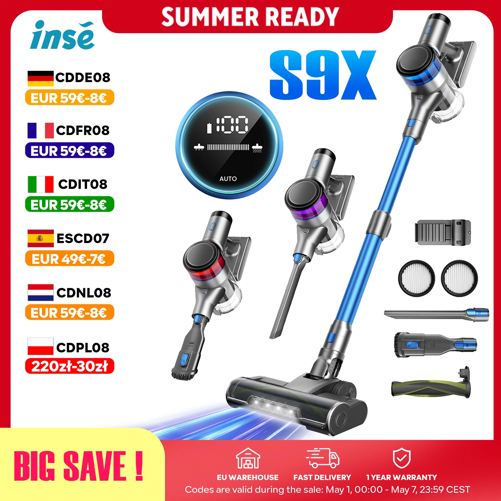 Inse S9X Aspirateur sans Fil, 70KPa, Tasse à Poussière de 1 L, Affichage Lumineux la Batterie, pour les Poils D'animaux, Tapis