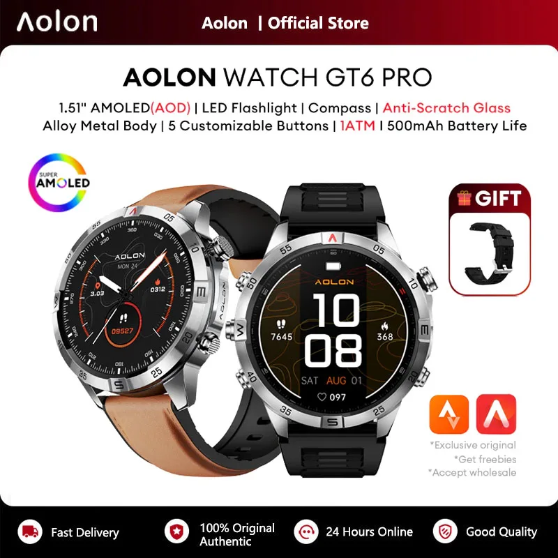 Aolon GT6 PRO Military Smart Watch Compass Flashlight AMOLED Bluetooth Call Smartwatch 1ATM Waterproof For Outdoor Double Strap