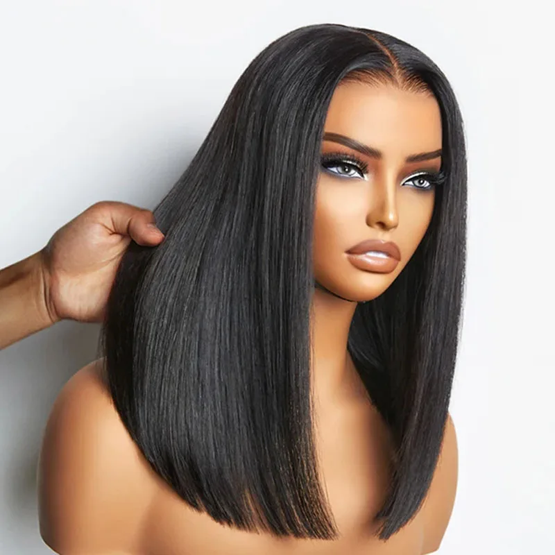 Silky Blunt Cut 13x4 Lace Frontal Human Hair Wigs Shoulder Length Bob Wig Pre-Plucked Natural Hairline 8-12 Inch Natural Color