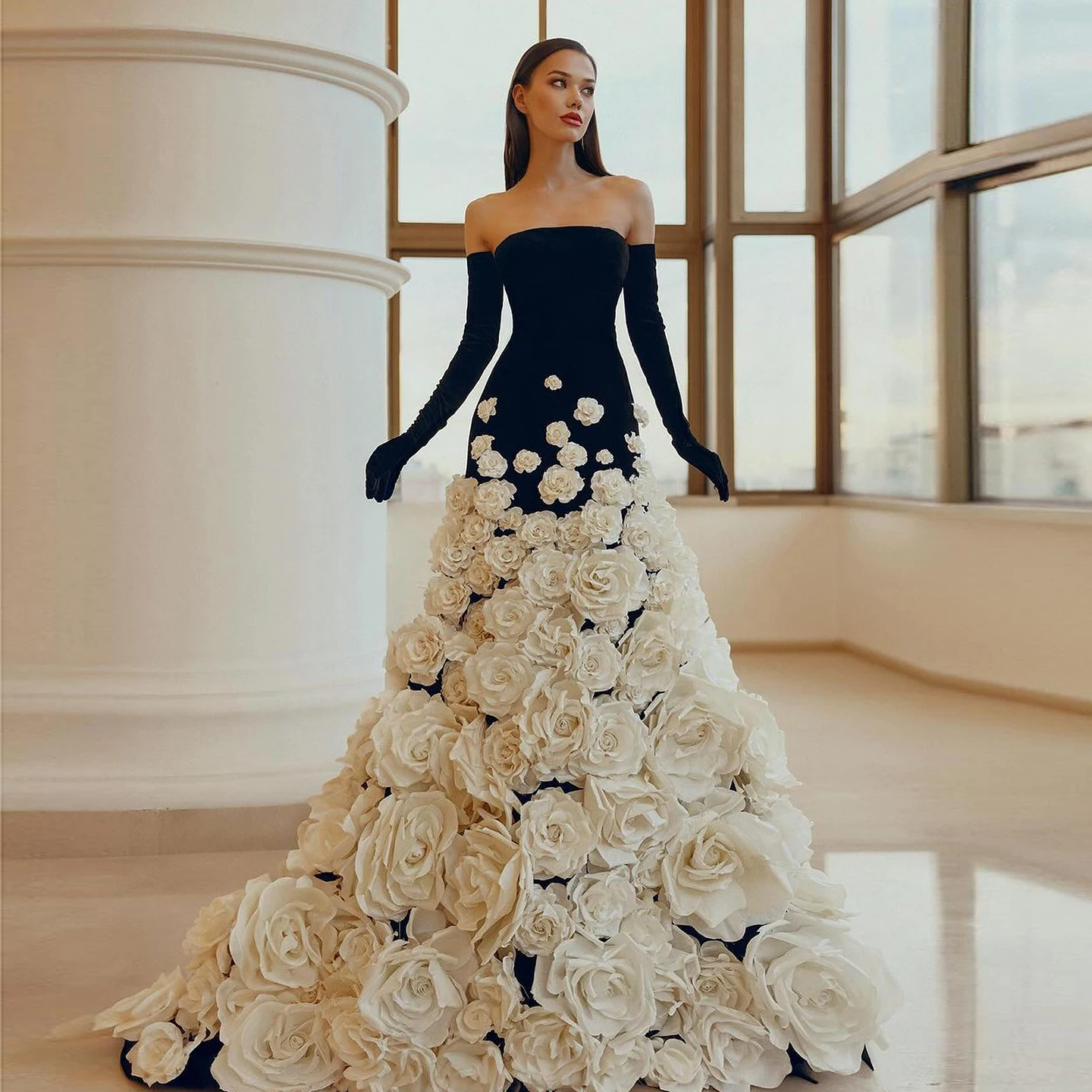 

Sharon Said Luxury 3D Flowers Black Velvet Strapless Evening Dress with Gloves Dubai Women Wedding Party Gowns SS748 Customized