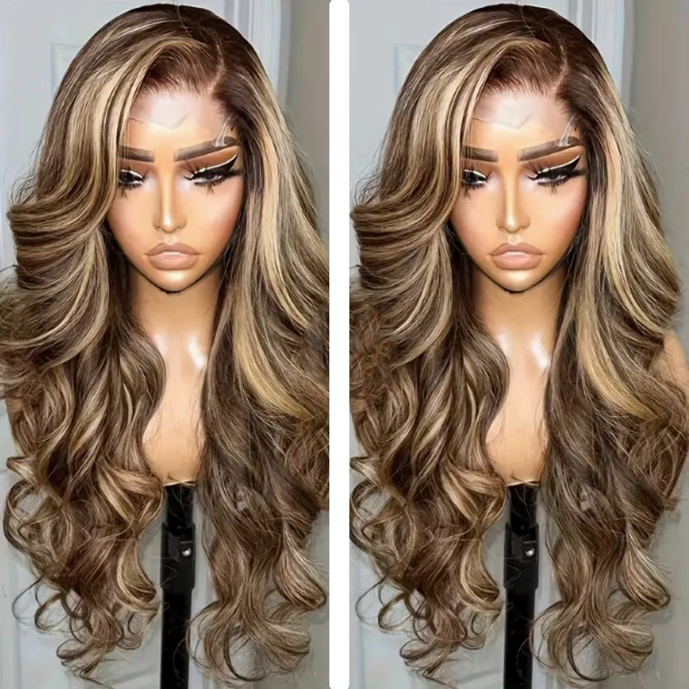 

P4/27 Медовый Блондин Ombre Highlight 20-34 дюйма 13x4 5x5 HD Кружева Фронтальная Объемная Волна Парики Человеческих Волос Для Женщин