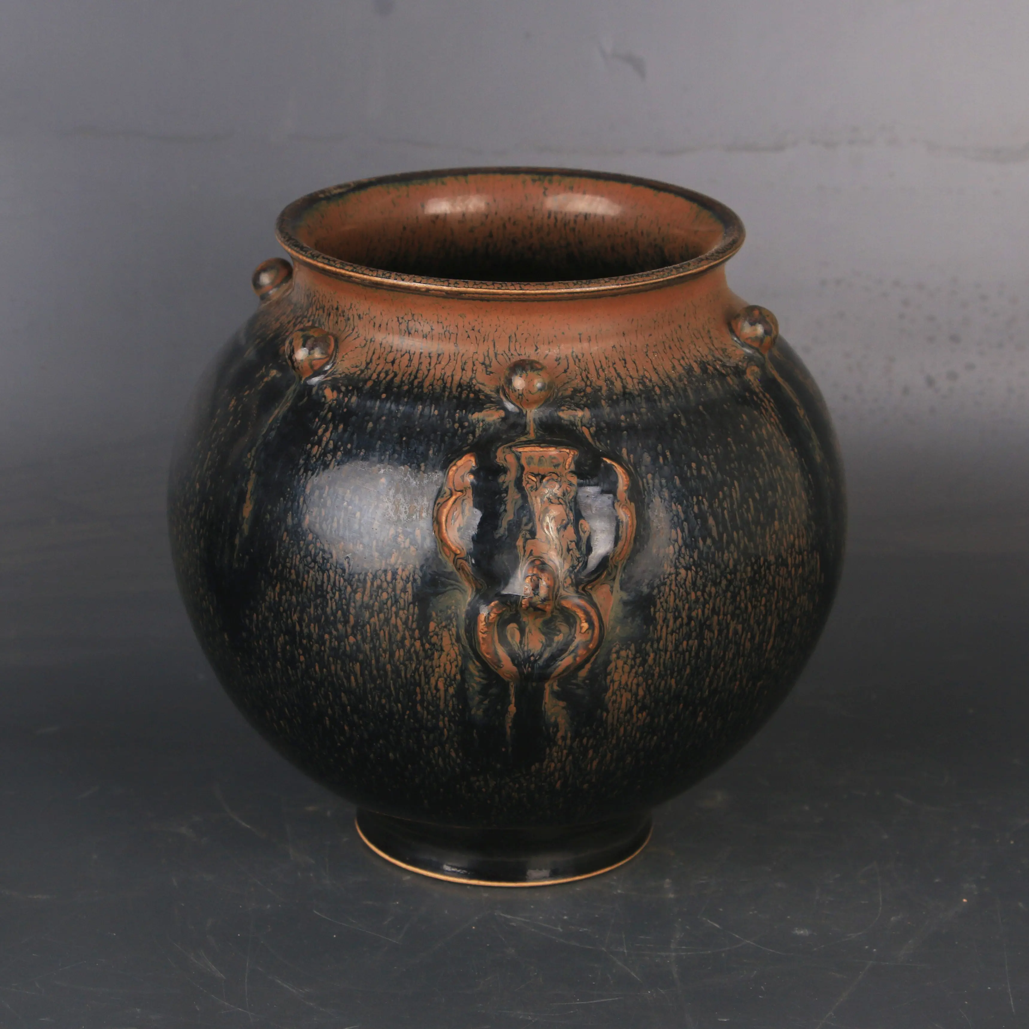 Song Dynasty Style Jian Kiln Tianmu Glaze Double Tiger Flared Mouth Jar Handmade Ceramic Home Decor Collectible