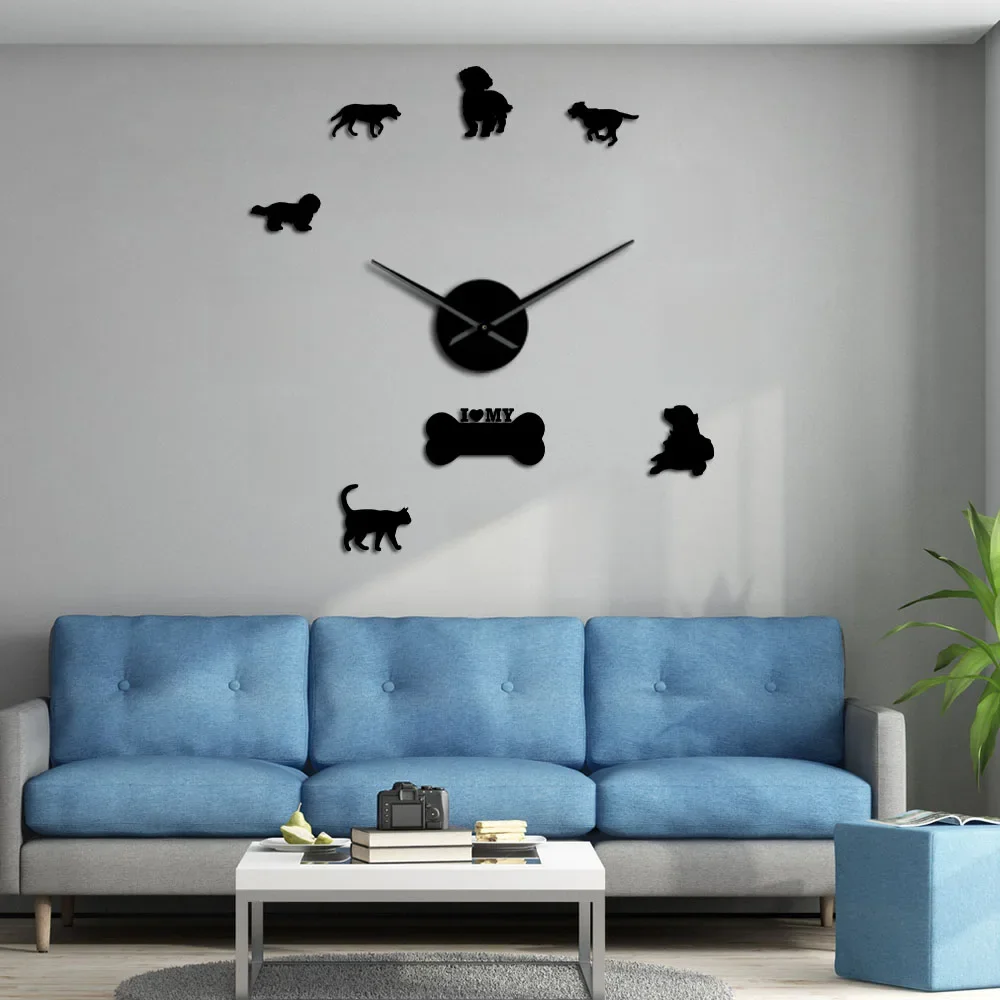 3D koty i psy DIY ściana dekoracyjne wyciszenie duży zegar ścienny naklejka ścienna zwierzęta bezramowe gigantyczny zegar dekoracyjny do domu zwierzęta właściciel prezent — zdjęcie 2