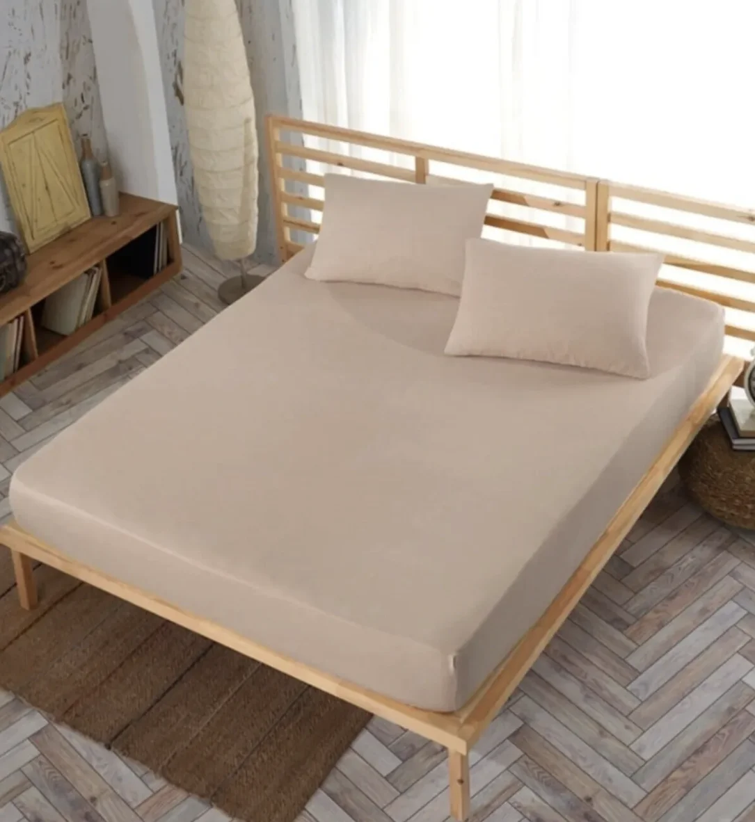 Double Elastic Bed Sheet + 2 Pillow Cases 160x200 Coffee with Milk Double Elastic Bed Sheet