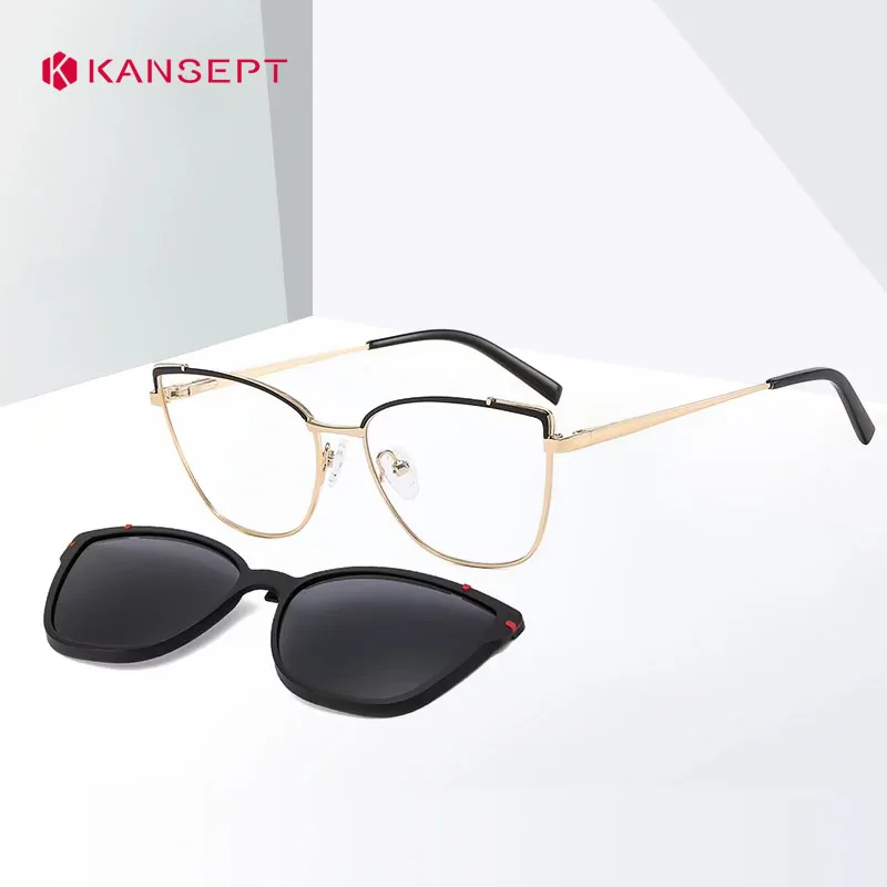 KANSEPT Women Metal 2 In 1 New Style Magnetic Polarizing Sunglasses Clip Set Cat Eye Modne oprawki do okularów Myopia Eyeglass