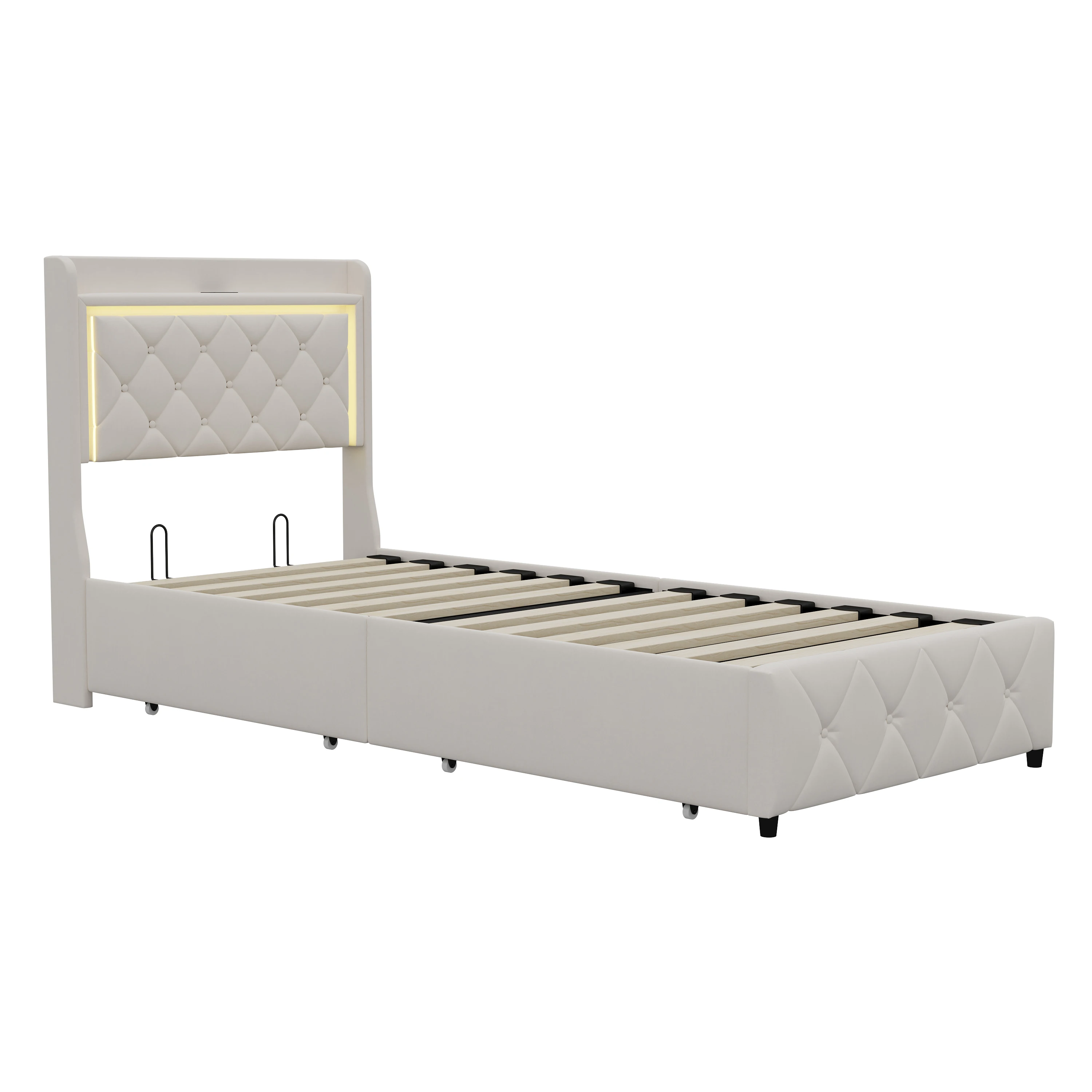 Comanlai, letto singolo 90×200 cm, letto per bambini con 2 cassetti, letto imbottito, con vano contenitore, testiera con schienale, in velluto, color beige.