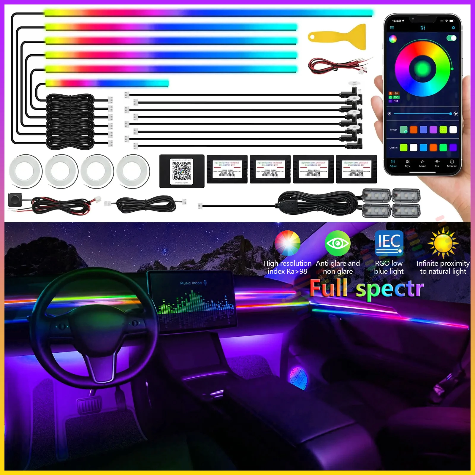 22 In 1 Full Color Streamer Car Ambient Lights RGB 64 Color Universal LED Interior Hidden Acrylic Strip Symphony Atmosphere Lamp