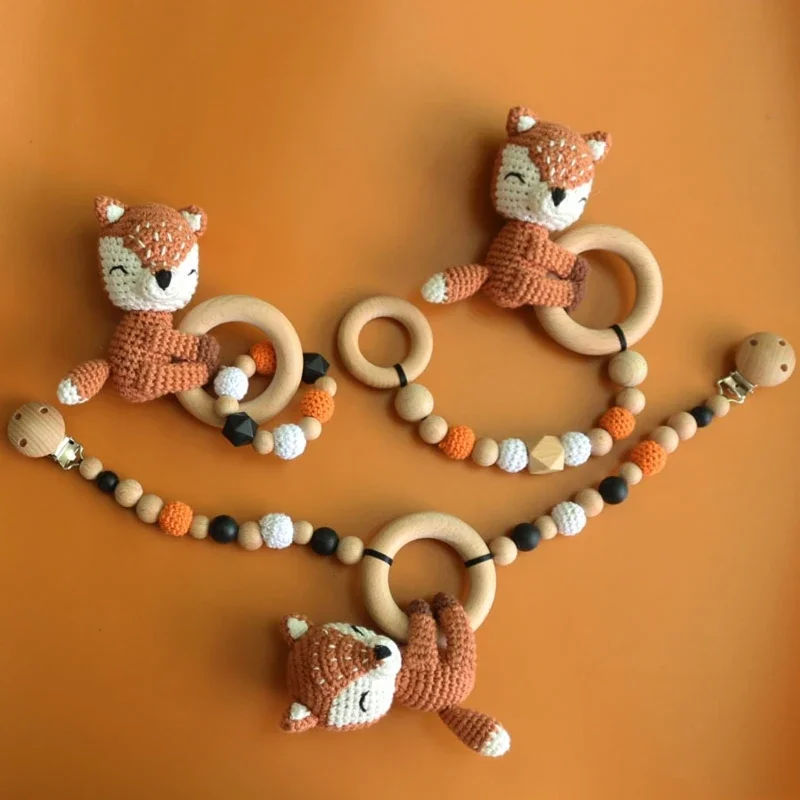 1 zestaw Baby Play Gym zabawki Crochet Elk Fox grzechotka noworodka wózek klipy zabawka do kołyski wózek Mobiles dzwonek zawieszany drewniana zabawka edukacyjna — zdjęcie 2