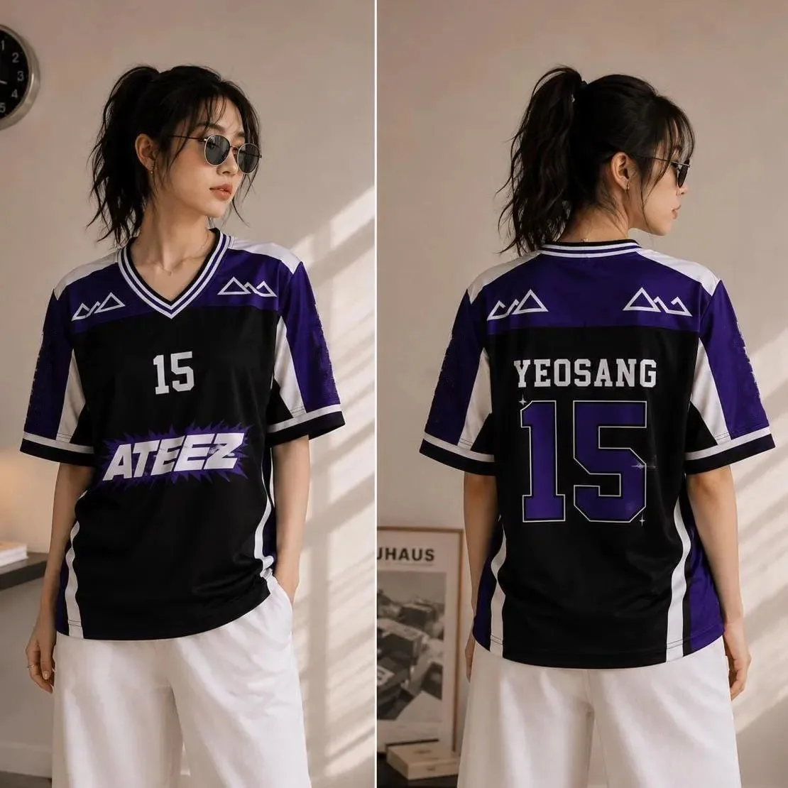 2026 KPOP ATEEZ Yeosang 15 Jersey T-Shirt V-Neck Short Sleeve Tee Women Unisex Fans Support Top Streetwear Sport Shirts