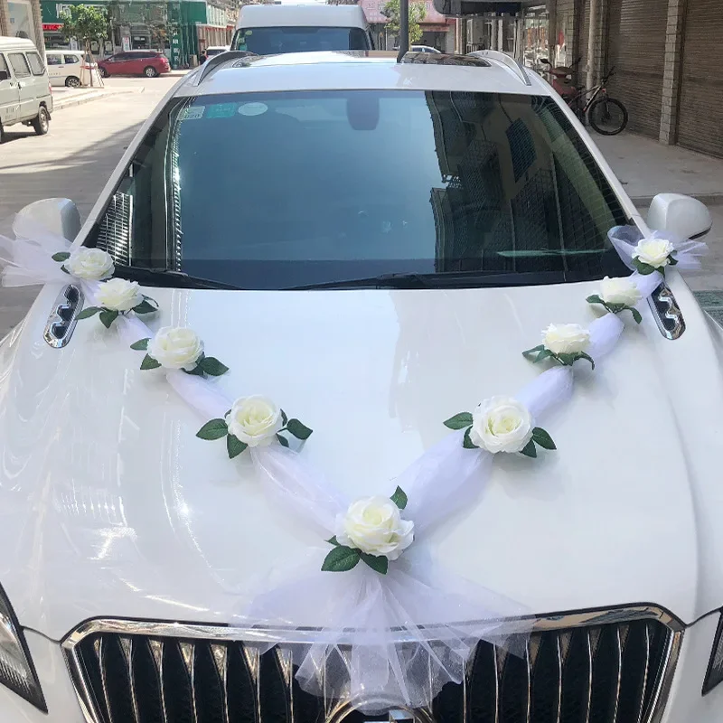 Witte Roos Kunstbloem voor Bruiloft Auto Decoratie Bruidsauto Decoraties Deurgreep Linten Zijden Bloem - afbeelding 2