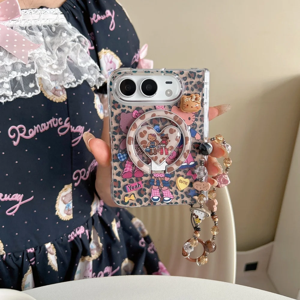 New Fashion Cute 3D Cartoon Cat Magnetic Phone Case for iPhone Duo with MagSafe Stand Retro Leopard Print Anti‑Fall Cases Kawaii