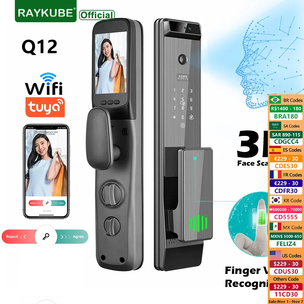 

Q12 Tuya WiFi Finger Vein Recognition&3D Face Smart Door Lock with Built-in Peephole HD Screen Camera 24H Photo Capture