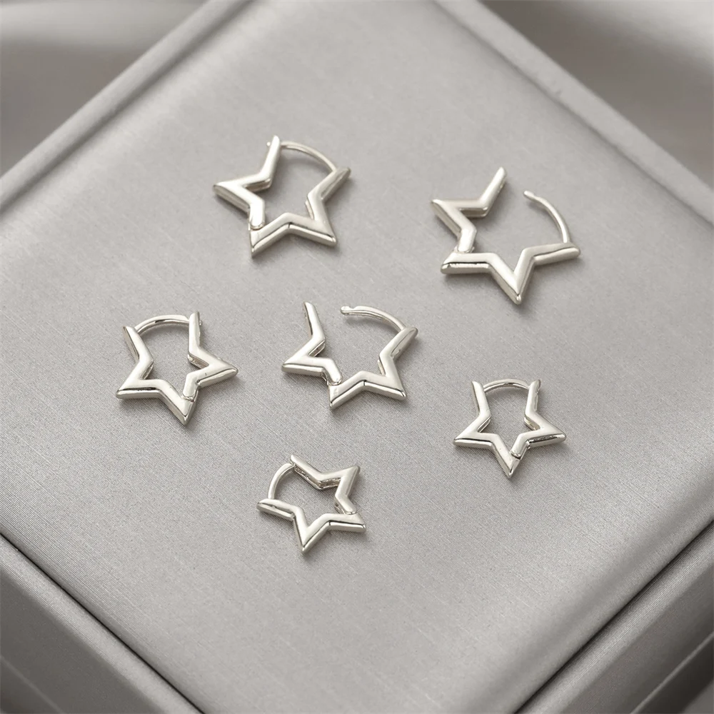 6pcs Set Vintage Glossy Chic Silver Plated Copper Star Hoop Earrings for Women Retro Pentagram Huggie Hoops Daily wear Jewelry