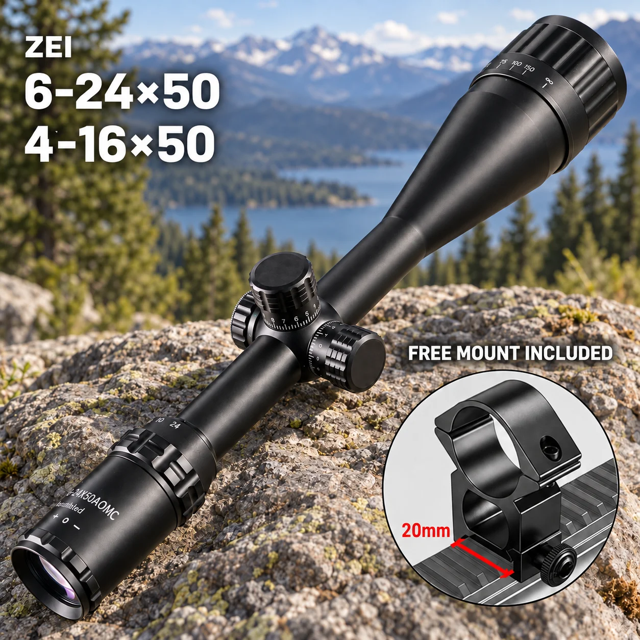6-24×50AOMC Hunting Scope Rifle Scope Features a 1inch Tube Design and an Objective Side Parallax Adjustment Function. It Is Equipped with a High Definition Optical System, Locking Adjustment Turrets, and Dual Color (Red/Green) Illumination, Making It