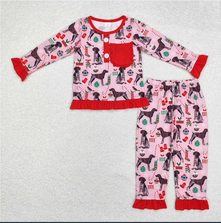 

Red Ruffles Long SLeeve GLP1522 Dog Pink Print Girls Christmas Bamboo Pajamas Clothes Set